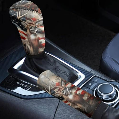 Bulopur Car Shifter Gear Hand Brake Trim Cover Set for Most Cars Van SUV Sedan Truck Auto Accessories - color: American Flag Deer