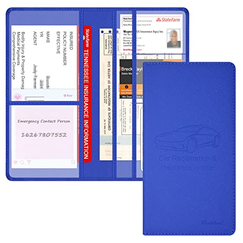 Car Insurance and Registration Holder, 9.5 x 5 Inch PU Leather Vehicle Glove Box Organizer Wallet Case for Insurance Card, Driver License, Paperwork - Blue - color: Blue
