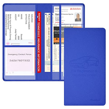 Car Insurance and Registration Holder, 9.5 x 5 Inch PU Leather Vehicle Glove Box Organizer Wallet Case for Insurance Card, Driver License, Paperwork - Blue - color: Blue
