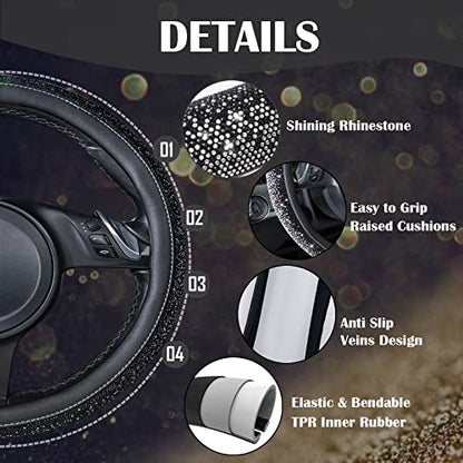CAR PASS Bling Diamond Leather Steering Wheel Cover, Bling Sparkly Crystal Glitter Rhinestones Universal Fit 14" 1/2-15" Car Wheel Protector for Women Girl Fit Suvs,Vans,Sedans,Trucks, Black Silver - color: Black Silver Diamond