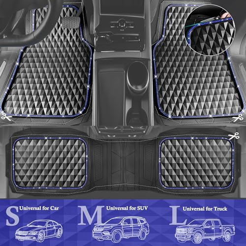 CAR PASS Bling Diamond Rubber Car Mats, Heavy Duty Deep Dish All-Weather Floor Mat Full Set Anti-Slip 3D Rhombus Waterproof Trim to Fit Liner Universal Glitter Sparkly Shining Rhinestone, Black Blue - color: Blue Diamond