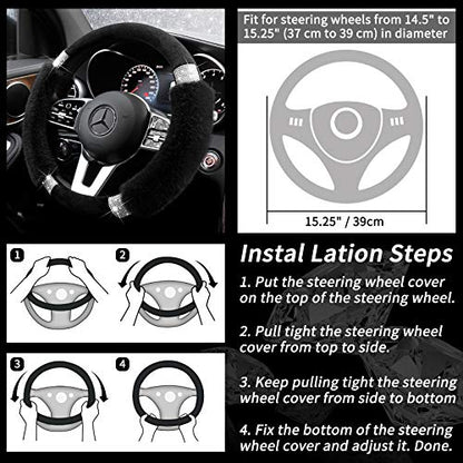 Achiou Rhinestone Fluffy Steering Wheel Cover - Comfortable Non-Slip Luxury Faux Wool, Universal Fit for 14.5" to 15" Steering Wheels - color: Black and Black