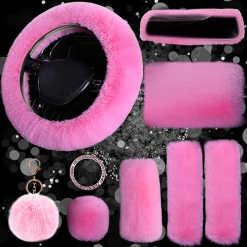9-Pack Fluffy Car Accessories Set,Silence Shopping Fluffy Steering Wheel Cover Winter Warm Fur Steering Wheel Cover Fuzzy Car Decoration Accessories for Women Girls (Pink) - color: Pink