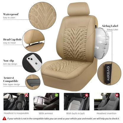 CAR PASS Neoprene Waterproof Seat Covers Full Sets, Wetsuit Car Seat Covers 5 Seats Universal Fit for Vans, Truck, SUV, 3D Tyre Embossed Seat Covers Anti Slip with Armrests, Aibag Compatible All Beige - color: all Beige Neoprene, size: Full sets
