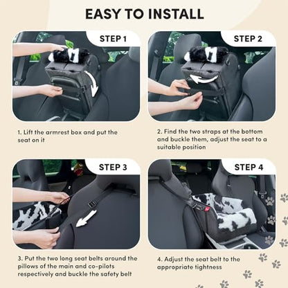 Center Console Small Dog Car Seat - Portable Pet Cat Puppy Booster Armrest Carseat Up to 11lbs, Anti-Collapse Comfort Car Travel with Washable Fluffy Cushion and Pillow, Milk Cow