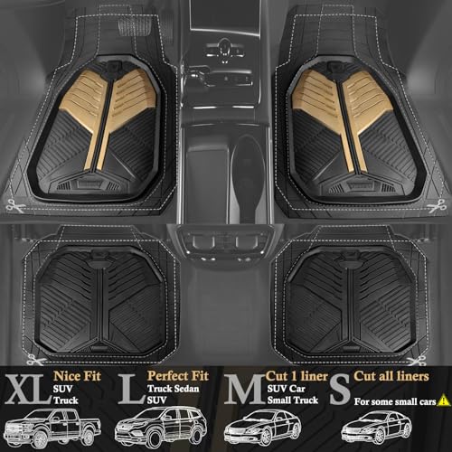 CAR PASS Heavy Duty Rubber Car Mats, Deep Dish Car Floor Mats All Weather, Car Mats Full Set 4-Piece Trim to Fit for Sedans SUVs Trucks, Waterproof Anti-Slip Automotive Mats, V12 Black Champagne Gold - color: Black and Champagne Gold