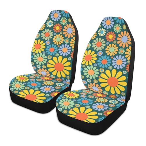 Colorful Hippie Flower Car Seat Covers Set of 2,Abstract Tropical Floral Pattern Cute Flowers Universal Auto Front Seat Cushion Protector for Women Decorative Car Accessories for Car Truck - color: Yellow Blue