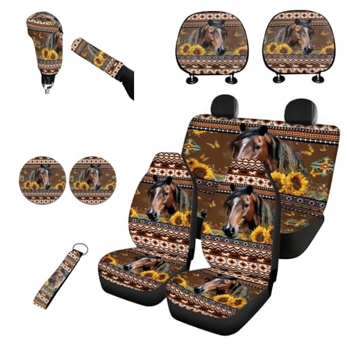 Horeset Aztec Sunflower Horse Seat Cover Set of 11pcs with Headrest Cover/Lanyards Key Chain/Cup Pad/Gear Shift Knob & Handbrake Sleeve Auto Decor Interior Car Accessories - color: Aztec Sunflower Horse