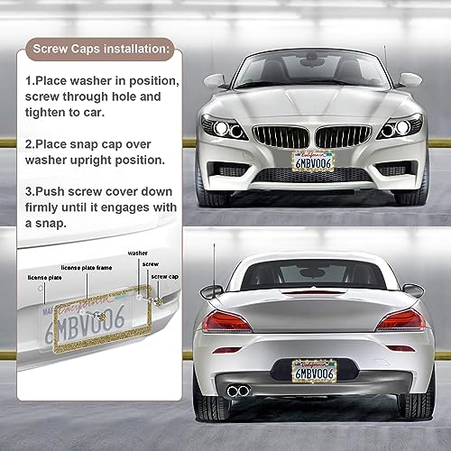 QUANQIUFEI 2 Pack Bling License Plate Frames for Women, Sparkly Rhinestone Diamond Car Accessories with Glitter Crystal Caps (Gold) - color: Gold