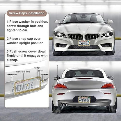 QUANQIUFEI 2 Pack Bling License Plate Frames for Women, Sparkly Rhinestone Diamond Car Accessories with Glitter Crystal Caps (Gold) - color: Gold