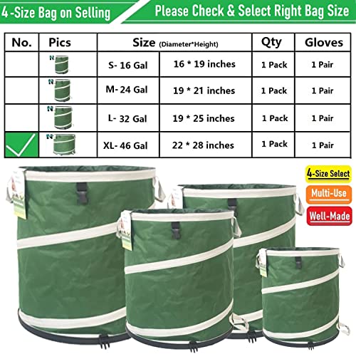 46-Gallon Collapsible Trash Can (22x28 in) Hard-Shell Bottom Yard Garden Bag,Big Leaf Bag,Yard Waste Bag,Debris Container,Pop-Up Recycling Bin,Camping Waste Bin,Laundry Hamper,Lawn Grass,Weeds Barrel - style: 46 Gallon Bag with Gardening Gloves