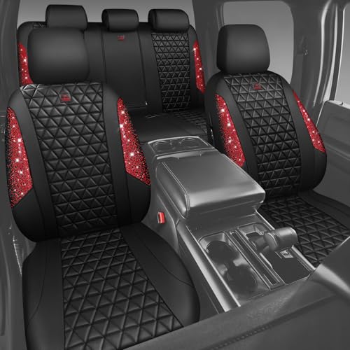 CAR PASS Bling Diamond Black Red Leather Car Seat Covers Full Set, Waterproof Shining Glitter Sparkly Crystal Universal Armrest Fit Automotive Truck SUV Women Girl, Rhinestone Interior Cover Set, Red - color: Red Rhinestone, size: Full Set