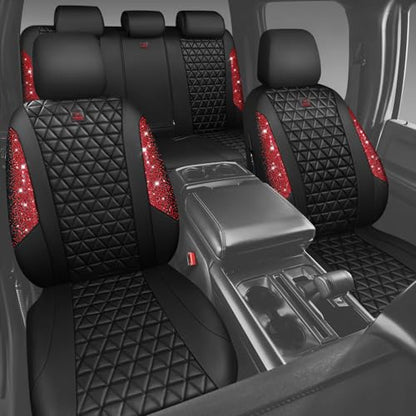 CAR PASS Bling Diamond Black Red Leather Car Seat Covers Full Set, Waterproof Shining Glitter Sparkly Crystal Universal Armrest Fit Automotive Truck SUV Women Girl, Rhinestone Interior Cover Set, Red - color: Red Rhinestone, size: Full Set