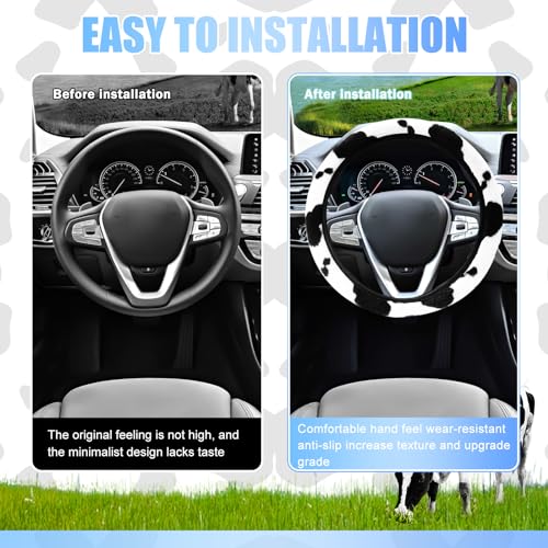 SuperKaKa 3PCS Furry Cow Print Steering Wheel Cover,Auto Plush Cute Cows Shift Gear & Hand Brake Covers Soft Warm Universal Car Interior Accessories for Women Men(Black) - color: Black