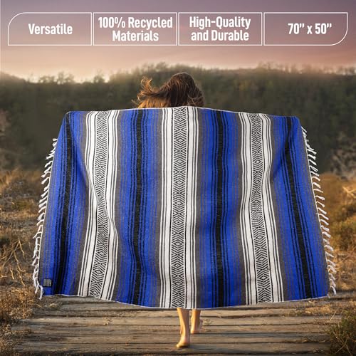 Hydration Nation Authentic Extra Large Mexican Blanket - 70"x50" Handwoven Yoga, Serape, Artisanal Falsa, Beach, Camping, Picnic, Outdoor Blanket - King Blue - color: King Blue