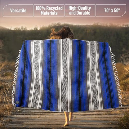 Hydration Nation Authentic Extra Large Mexican Blanket - 70"x50" Handwoven Yoga, Serape, Artisanal Falsa, Beach, Camping, Picnic, Outdoor Blanket - King Blue - color: King Blue