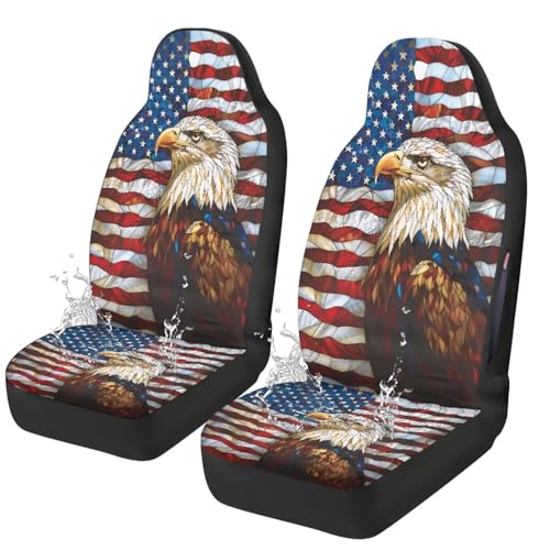 2 Piece Front Car Seat Cover, Eagle American Flag Print Waterproof Car Front Cushion Protector, Airbag Compatible Auto Front Seat Cover, Universal Fit Auto Interior Accessories - color: Red and White - Eagle American Flag