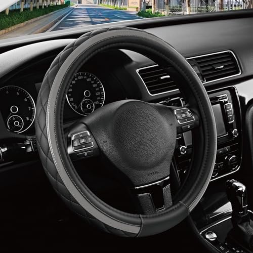 Road Comforts Leather Steering Wheel Cover – Black & Gray, Universal Fit 14.5-15 Inch, Microfiber Leather, Anti-Slip & Breathable Design for Men and Women - color: Gray