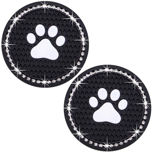 2PCS Bling Car Cup Holder Coaster, Universal Dog/Cat Paw Auto Non-Slip Crystal Rhinestone Cup Holder Coaster, 2.75In Universal Non-Slip Recessed Car Interior Accessories (Black & White) - color: Black & White, size: 2 pcs