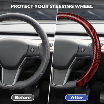 Leather Steering Wheel Cover,Universal Fit 15 Inch-Premium Non-Slip Breathable Comfort Grip for Cars Trucks SUVs,Anti-Slip Durable Interior Upgrade Carbon Fiber Pattern (Red) - color: Red carbon fiber texture