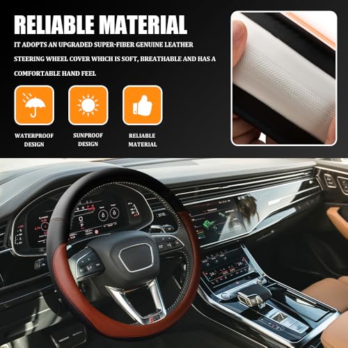 Car Steering Wheel Cover, 15 Inch Napa Leather Car Steering Wheel Protector, Slip-Resistant Elastic Steering Wheel Handle Cover, Universal Interior Accessories for Cars Trucks SUVs (Coffee)