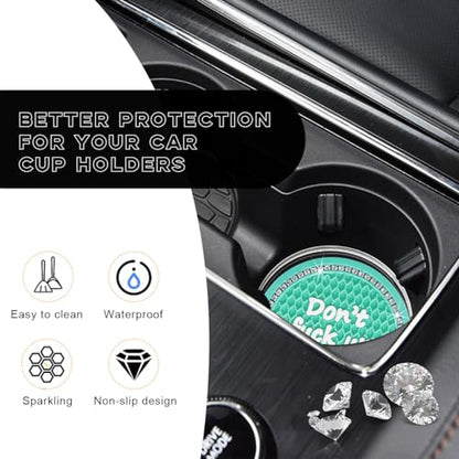 Bling Car Cup Coaster, 2.75 Inch Non-Slip Don't Fuck Up My Car Please Cup Holder Insert Coaster, Crystal Rhinestone Auto Drink Cup Mat, Universal Car Accessories (Green-4PCS)