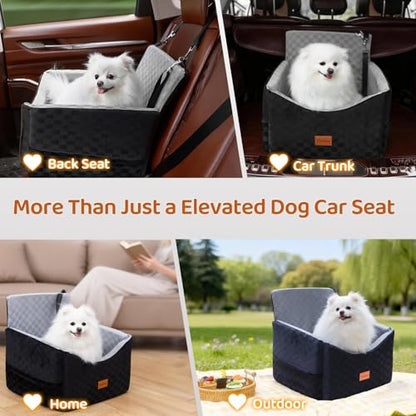 Dog Car Seats for Small Medium Dogs Up to 35lbs | Elevated Dog Booster Seat with Detachable Washable Cover & Cushion | Memory Foam Pet Car Travel Seat with Safety Belt and Storage Pockets (Black Grey)