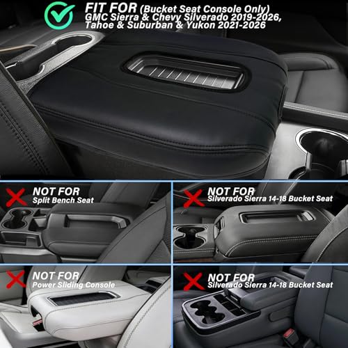 Center Console Armrest Cover Compatible with Chevy Silverado GMC Sierra 2019-2026, Tahoe Yukon Suburban 2021-2026, Scratch Resistant Vinyl Leather, Black (Black)