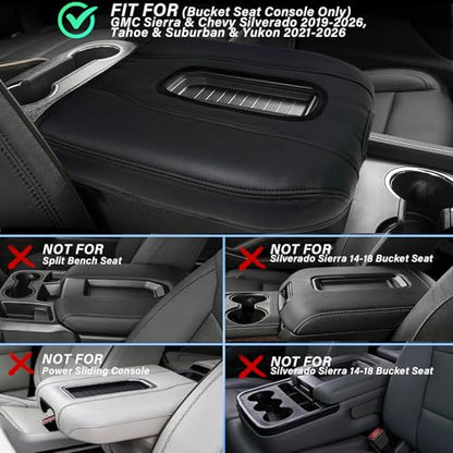 Center Console Armrest Cover Compatible with Chevy Silverado GMC Sierra 2019-2026, Tahoe Yukon Suburban 2021-2026, Scratch Resistant Vinyl Leather, Black (Black)