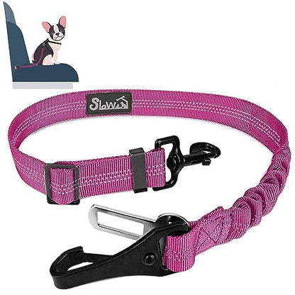 SlowTon Dog Seat Belt, Adjustable Dog Safety Belt Leash, 2 in 1 Latch Bar Attachment Dog Car Seatbelt with Elastic Nylon Bungee Buffer, Reflective Nylon Belt Tether (FU) - color: Fluorescence Pink