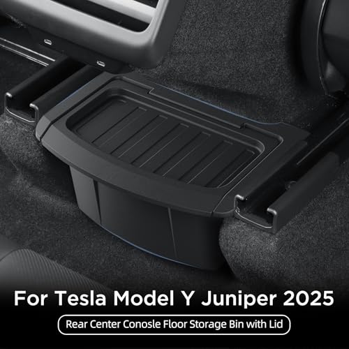 Rear Center Console Floor Storage Organizer Box for Tesla Model Y Juniper 2025 2026,Black TPE Car Accessory with Anti-Slip Lid,Backseat 2nd Row Seat Organizer Bin