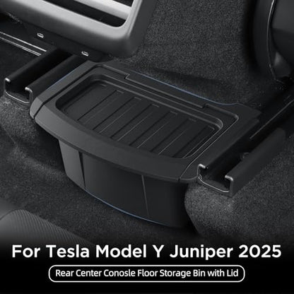 Rear Center Console Floor Storage Organizer Box for Tesla Model Y Juniper 2025 2026,Black TPE Car Accessory with Anti-Slip Lid,Backseat 2nd Row Seat Organizer Bin
