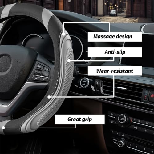 15 Inch Car Leather Steering Wheel Cover, Automotive Accessories Elastic Breathable Anti-Slip Soft Wheel Protector Fits Men and Women, Suitable for SUVs, Trucks, Vehicles and RVs (Light Gray) - color: Light Gray