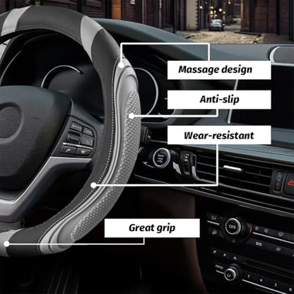 15 Inch Car Leather Steering Wheel Cover, Automotive Accessories Elastic Breathable Anti-Slip Soft Wheel Protector Fits Men and Women, Suitable for SUVs, Trucks, Vehicles and RVs (Light Gray) - color: Light Gray