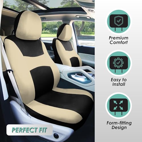 FH Group Light & Breezy Cloth Car Seat Covers, 7 Seater Three Row Set- Airbag & Split Ready -Universal for Cars Trucks and SUVs Beige/Black - color: Beige