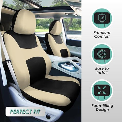 FH Group Light & Breezy Cloth Car Seat Covers, 7 Seater Three Row Set- Airbag & Split Ready -Universal for Cars Trucks and SUVs Beige/Black - color: Beige