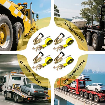 4PCs Towing Recovery Winch Strap w/RTJ Cluster Hook 2" x12', with 4PCs Ratchet Chain Tail, 10000LBS Recovery Towing Truck Straps, Towing Truck Car Trailer Winch Wrecker Tie Down Straps - size: 2"x12FT w/Ratchet(4PCs)