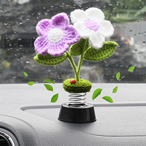 Levvohd Sun Flower Car Dashboard Decorations, Dashboard Bobbleheads Knitted Flowers for Women Car Ornament Accessories (Handmade White 1PCS) - color: White