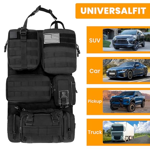 6 Pack Tactical MOLLE Car Seat Back Organizer - Universal Vehicle Storage Bag with 5 Detachable MOLLE Pouches, US Flag Patch & Keychain, Fits Jeep, Truck, SUV, Car (Black)