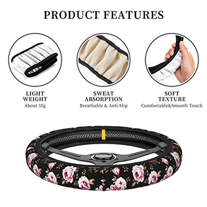 Peony Flower Steering Wheel Cover Women Men Elastic Stretch Soft Car Wheel Protector Universal Breathable No-Slip Car Accessories for Truck Van SUV Auto Fit 14-15 Inches