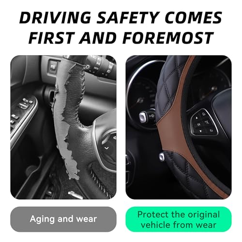 15 Inch Car Leather Steering Wheel Cover, Automotive Accessories Elastic Breathable Anti-Slip Soft Wheel Protector Fits Men and Women, Suitable for SUVs, Trucks, Vehicles and RVs (Brown) - color: Brown