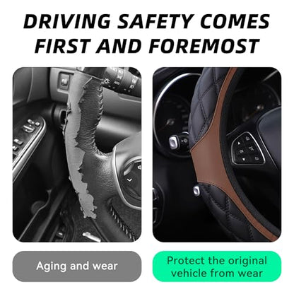 15 Inch Car Leather Steering Wheel Cover, Automotive Accessories Elastic Breathable Anti-Slip Soft Wheel Protector Fits Men and Women, Suitable for SUVs, Trucks, Vehicles and RVs (Brown) - color: Brown