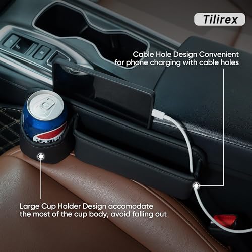 Universal Car Seat Gap Filler Organizer, Premium Leather Car Seat Organizer, Seat Gap Storage Box with Cup Holder for Drink, Front Seat Gap Bag for Phone, Sunglasses,Keys, 2 Packs (Left+Right)