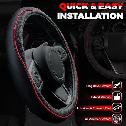 Ouzorp Car Steering Wheel Cover, Microfiber Leather Steering Wheel Covers with Anti-Slip Lining, Universal 14.5-15 inchs Black with Red line - color: Black with Red line，size[14.5"-15"]