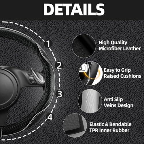 NBTEPEM 6 PCS Car Steering Wheel Cover Set, Microfiber Leather Steering Wheel Covers Universal 14.5-15 inch, Center Console Cover, Seat Belt Cushion, Cup Coaster, Car Accessories Set Black Grey - color: Black with grey, size: Steering Wheel Cover Set
