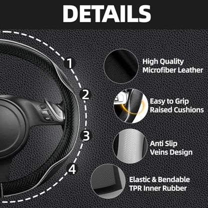 NBTEPEM 6 PCS Car Steering Wheel Cover Set, Microfiber Leather Steering Wheel Covers Universal 14.5-15 inch, Center Console Cover, Seat Belt Cushion, Cup Coaster, Car Accessories Set Black Grey - color: Black with grey, size: Steering Wheel Cover Set