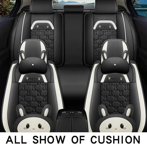 INZU Cute Cartoon Rabbit Comfortable Car Seat Covers with Waterproof PU Leather Suitable for Most 5 Seats Cars SUV and Pick-up Truck Universal Fit Set (Black) - color: Black