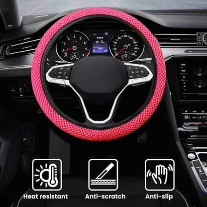 Elastic Stretch Car Steering Wheel Cover, Comfortable Steering Wheel Cover Universal for 14.5-15 Inch, Warm in Winter & Cool in Summer, Anti-Slip Breathable Ice Silk (Rose Red) - color: Rose Red