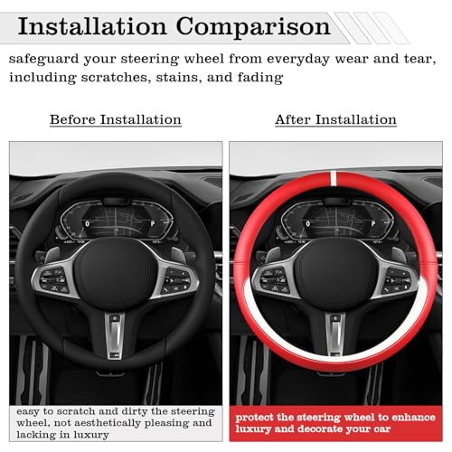 Car Leather Steering Wheel Cover - Panapi Material, Universal 14.5-15 Inch Leather Anti-Slip Breathable Auto Steering Wheel Covers for Men Women (Nappa Leather - Red & White) - color: Nappa Leather - Red & White
