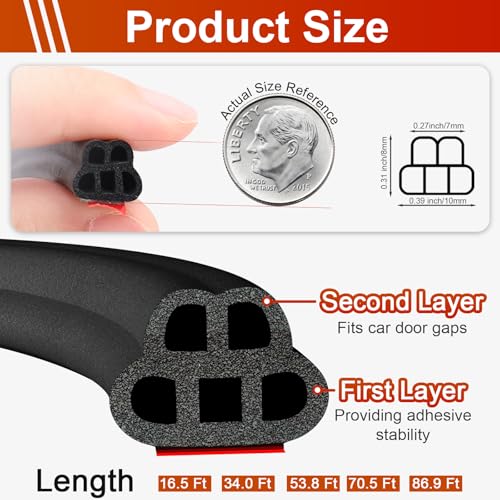 34 Ft Car Door Seal Strip Universal Self Adhesive Automotive Weather Stripping, Double Layer 5-Hole Car Door Soundproofing Strip, Rubber Seal Strip for Cars Trucks SUVs RVs